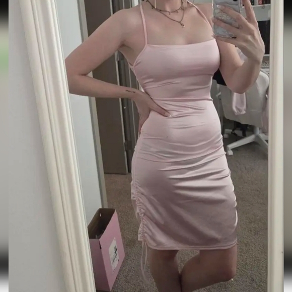 Pink Satin Drawstring Ruched Criss-cross Back Adjustable Length Mini Dress (M) - Picture 11 of 13